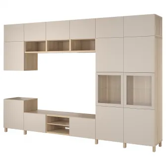 IKEA BESTÅ Ansamblu depozitare TV/usi sticla, furnir stejar alb Lappviken/Sindvik sticla transparenta, 360x42x240 cm