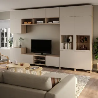 IKEA BESTÅ Ansamblu depozitare TV/usi sticla, furnir stejar alb Lappviken/Sindvik sticla transparenta, 360x42x240 cm