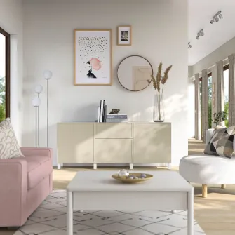IKEA BESTÅ Ansamblu depozitare cu sertare, Krukmakare bej/Stubbarp alb, 180x42x74 cm