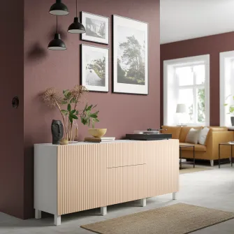 IKEA BESTÅ Ansamblu depozitare cu sertare, alb Björköviken/furnir mesteacan, 180x42x74 cm