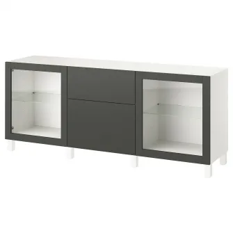 IKEA BESTÅ Ansamblu depozitare cu sertare, alb Lappviken/Sindvik/Stubbarp gri inchis, 180x42x74 cm