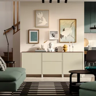 IKEA BESTÅ Ansamblu depozitare cu sertare, alb/Krukmakare bej, 180x42x75 cm