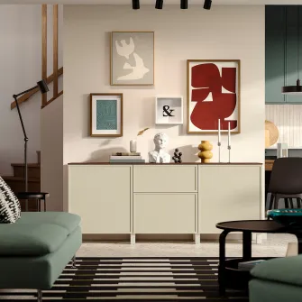 IKEA BESTÅ Ansamblu depozitare cu sertare, alb/Krukmakare bej, 180x42x75 cm