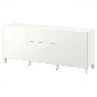 IKEA BESTÅ Ansamblu depozitare cu sertare, alb/Selsviken/Stubbarp lucios/alb, 180x42x74 cm