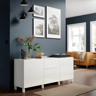 IKEA BESTÅ Ansamblu depozitare cu sertare, alb/Selsviken/Stubbarp lucios/alb, 180x42x74 cm