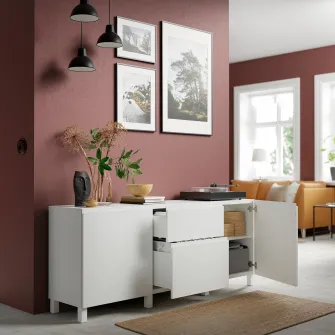 IKEA BESTÅ Ansamblu depozitare cu sertare, alb/Västerviken/Stubbarp alb, 180x42x74 cm