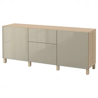 IKEA BESTÅ Ansamblu depozitare cu sertare, aspect stejar antichizat/Selsviken/Stubbarp bej lucios, 180x42x74 cm