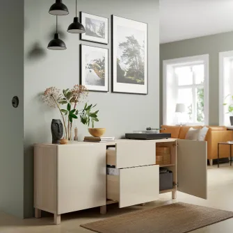 IKEA BESTÅ Ansamblu depozitare cu sertare, aspect stejar antichizat/Selsviken/Stubbarp bej lucios, 180x42x74 cm