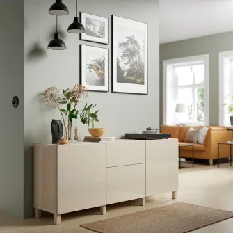 IKEA BESTÅ Ansamblu depozitare cu sertare, aspect stejar antichizat/Selsviken/Stubbarp bej lucios, 180x42x74 cm