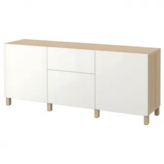 IKEA BESTÅ Ansamblu depozitare cu sertare, aspect stejar antichizat/Selsviken/Stubbarp lucios/alb, 180x42x74 cm