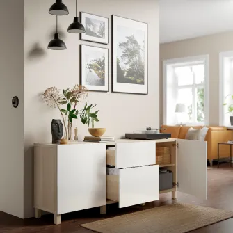 IKEA BESTÅ Ansamblu depozitare cu sertare, aspect stejar antichizat/Selsviken/Stubbarp lucios/alb, 180x42x74 cm