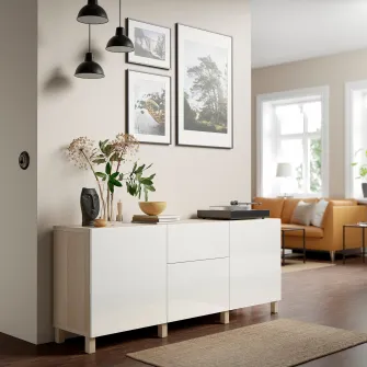 IKEA BESTÅ Ansamblu depozitare cu sertare, aspect stejar antichizat/Selsviken/Stubbarp lucios/alb, 180x42x74 cm