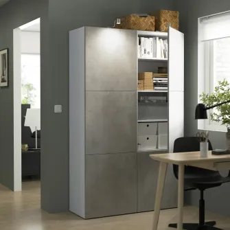 IKEA BESTÅ Ansamblu depozitare cu usi, alb Kallviken/gri aspect beton, 120x42x193 cm