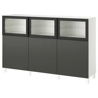 IKEA BESTÅ Ansamblu depozitare cu usi, alb Lappviken/Fällsvik gri inchis, 180x42x112 cm