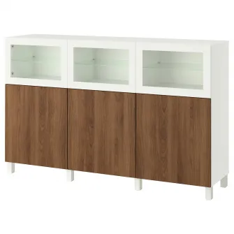 IKEA BESTÅ Ansamblu depozitare cu usi, alb Lappviken/Sindvik aspect nuc, 180x42x112 cm
