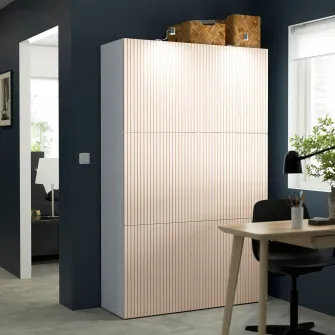 IKEA BESTÅ Ansamblu depozitare cu usi, alb/Björköviken furnir mesteacan, 120x42x193 cm