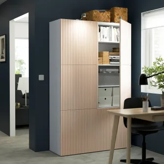 IKEA BESTÅ Ansamblu depozitare cu usi, alb/Björköviken furnir mesteacan, 120x42x193 cm