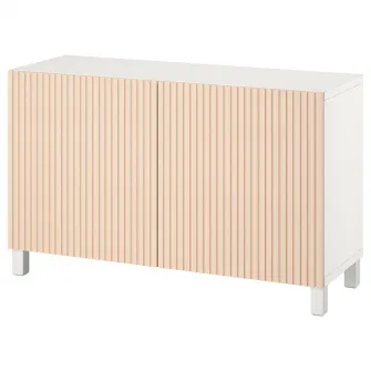 IKEA BESTÅ Ansamblu depozitare cu usi, alb/Björköviken/Stubbarp furnir mesteacan, 120x42x74 cm