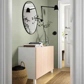 IKEA BESTÅ Ansamblu depozitare cu usi, alb/Björköviken/Stubbarp furnir mesteacan, 120x42x74 cm