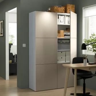 IKEA BESTÅ Ansamblu depozitare cu usi, alb/Lappviken gri deschis-bej, 120x42x193 cm