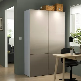 IKEA BESTÅ Ansamblu depozitare cu usi, alb/Lappviken gri deschis-bej, 120x42x193 cm