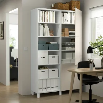 IKEA BESTÅ Ansamblu depozitare cu usi, alb/Lappviken/Stubbarp gri deschis-bej, 120x42x202 cm