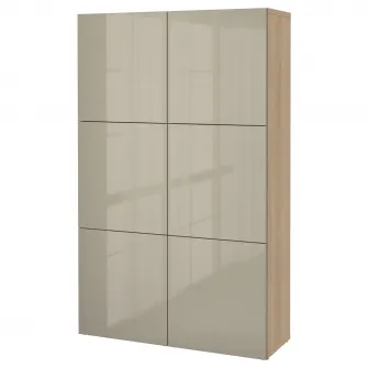 IKEA BESTÅ Ansamblu depozitare cu usi, aspect stejar antichizat/Selsviken bej lucios, 120x42x193 cm
