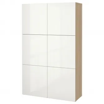 IKEA BESTÅ Ansamblu depozitare cu usi, aspect stejar antichizat/Selsviken lucios/alb, 120x42x193 cm