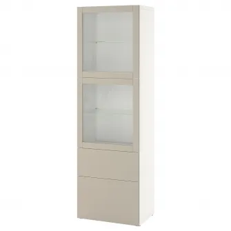 IKEA BESTÅ Ansamblu depozitare cu usi sticla, alb Lappviken/gri deschis-bej sticla transparenta, 60x42x193 cm