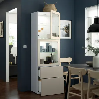 IKEA BESTÅ Ansamblu depozitare cu usi sticla, alb Lappviken/gri deschis-bej sticla transparenta, 60x42x193 cm