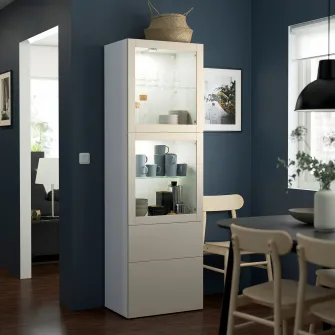 IKEA BESTÅ Ansamblu depozitare cu usi sticla, alb Lappviken/gri deschis-bej sticla transparenta, 60x42x193 cm
