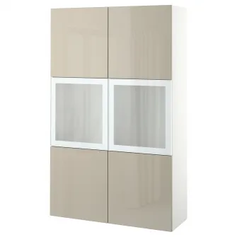 IKEA BESTÅ Ansamblu depozitare cu usi sticla, alb/Selsviken lucios/sticla mata bej, 120x42x193 cm