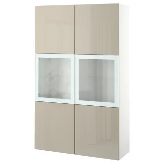 IKEA BESTÅ Ansamblu depozitare cu usi sticla, alb/Selsviken lucios/sticla transparenta bej, 120x42x193 cm