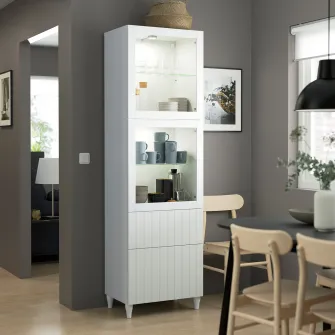 IKEA BESTÅ Ansamblu depozitare cu usi sticla, alb/Sutterviken/Kabbarp stc a tr, 60x42x202 cm