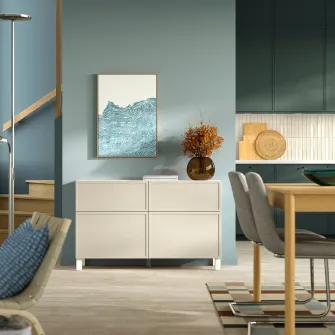 IKEA BESTÅ Ansamblu depozitare cu usi/sertare, Krukmakare bej/Stubbarp alb, 120x42x74 cm