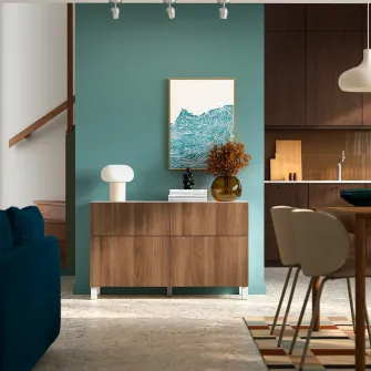 IKEA BESTÅ Ansamblu depozitare cu usi/sertare, alb/Lappviken/Stubbarp aspect nuc, 120x42x74 cm