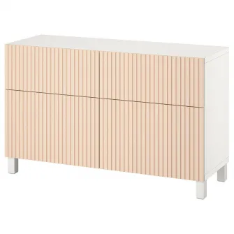 IKEA BESTÅ Ansamblu depozitare cu usi/sertare, alb/Björköviken/Stubbarp furnir mesteacan, 120x42x74 cm