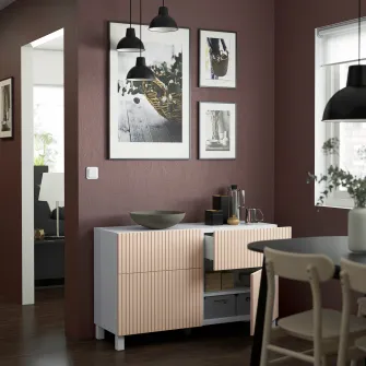 IKEA BESTÅ Ansamblu depozitare cu usi/sertare, alb/Björköviken/Stubbarp furnir mesteacan, 120x42x74 cm