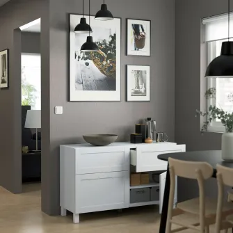 IKEA BESTÅ Ansamblu depozitare cu usi/sertare, alb/Hanviken/Stubbarp alb, 120x42x74 cm