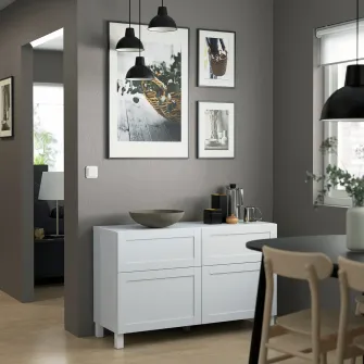 IKEA BESTÅ Ansamblu depozitare cu usi/sertare, alb/Hanviken/Stubbarp alb, 120x42x74 cm