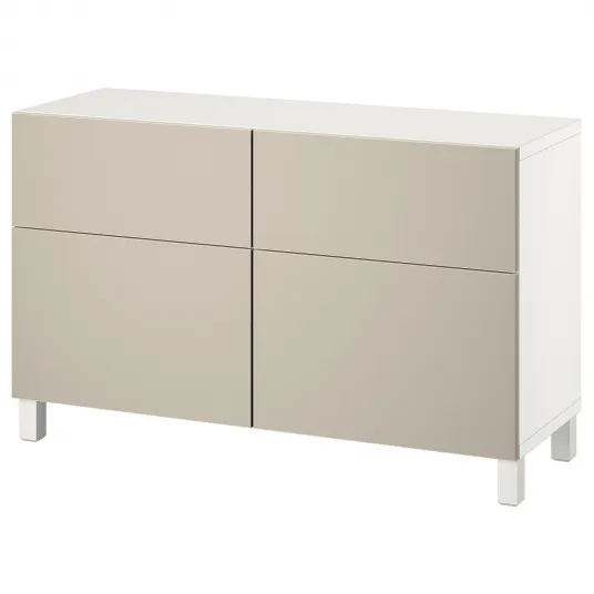 IKEA BESTÅ Ansamblu depozitare cu usi/sertare, alb/Lappviken/Stubbarp gri deschis-bej, 120x42x74 cm