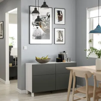 IKEA BESTÅ Ansamblu depozitare cu usi/sertare, alb/Lappviken/Stubbarp gri inchis, 120x42x74 cm