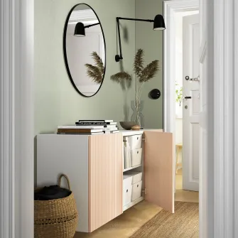 IKEA BESTÅ Combinatie corp suspendat, alb/Björköviken furnir mesteacan, 180x42x64 cm