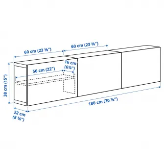 IKEA BESTÅ Combinatie corp suspendat, alb/Lappviken alb, 180x22x38 cm