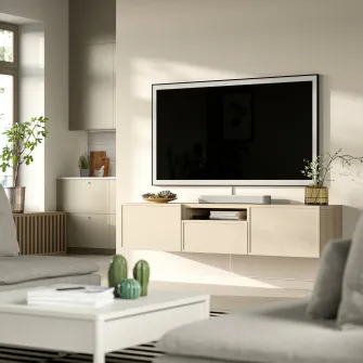 IKEA BESTÅ Comoda TV, aspect stejar antichizat/Krukmakare bej, 180x42x39 cm