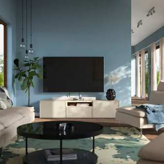 IKEA BESTÅ Comoda TV, aspect stejar antichizat/Krukmakare bej, 180x42x39 cm