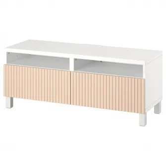 IKEA BESTÅ Comoda TV cu sertare, alb/Björköviken/Stubbarp furnir mesteacan, 120x42x48 cm