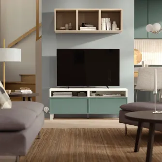 IKEA BESTÅ Comoda TV cu sertare, alb/Krukmakare gri inchis-verde, 120x42x48 cm