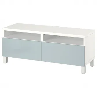 IKEA BESTÅ Comoda TV cu sertare, alb/Selsviken/Stubbarp gri deschis-bleu, 120x42x48 cm