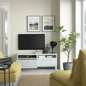 IKEA BESTÅ Comoda TV cu sertare, alb/Selsviken/Stubbarp gri deschis-bleu, 120x42x48 cm